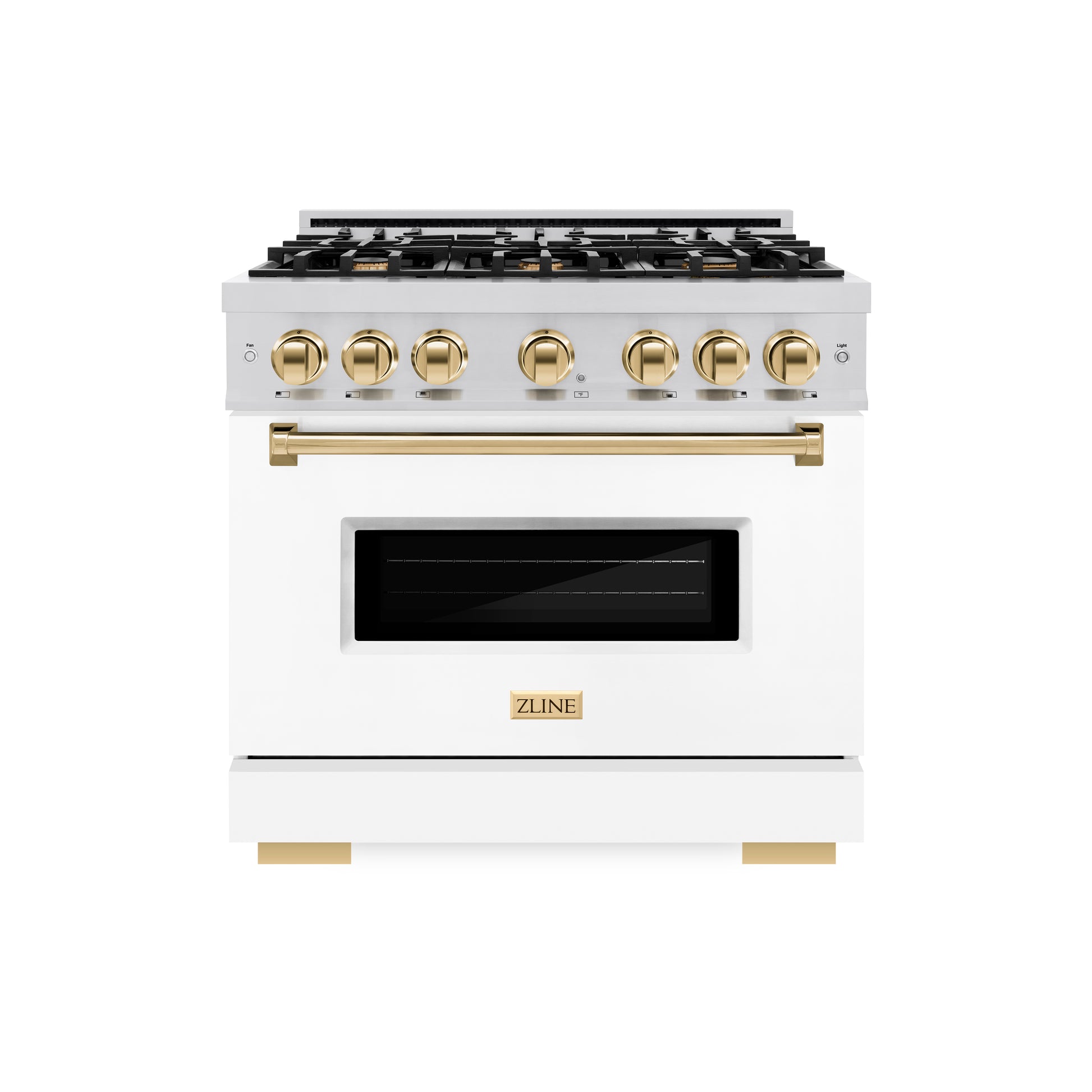 ZLINE Autograph Edition 36 in. 5.2 cu. ft. Classic Dual Fuel Range with 6 Burner Gas Cooktop and Electric Convection Oven in Stainless Steel with White Matte Door and Polished Gold Accents (CDRZ-WM-36-G) front.