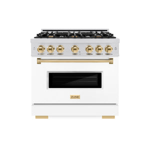 ZLINE Autograph Edition 36 in. 5.2 cu. ft. Classic Dual Fuel Range with 6 Burner Gas Cooktop and Electric Convection Oven in Stainless Steel with White Matte Door and Polished Gold Accents (CDRZ-WM-36-G) front.