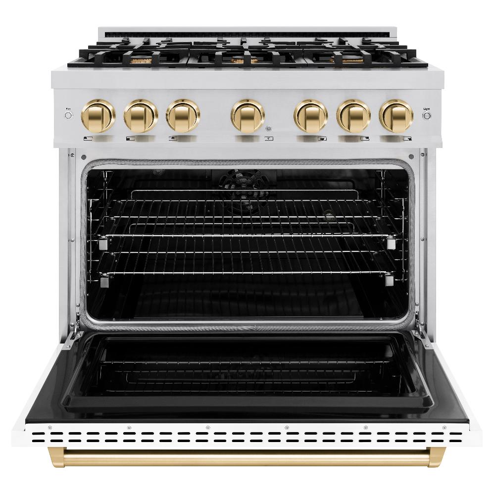 ZLINE Autograph Edition 36 in. 5.2 cu. ft. Classic Dual Fuel Range with 6 Burner Gas Cooktop and Electric Convection Oven in Stainless Steel with White Matte Door and Polished Gold Accents (CDRZ-WM-36-G) front, open.