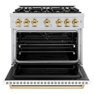 ZLINE Autograph Edition 36 in. 5.2 cu. ft. Classic Dual Fuel Range with 6 Burner Gas Cooktop and Electric Convection Oven in Stainless Steel with White Matte Door and Polished Gold Accents (CDRZ-WM-36-G) front, oven open.