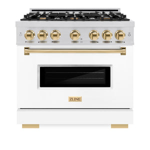 ZLINE Autograph Edition 36 in. 5.2 cu. ft. Classic Dual Fuel Range with 6 Burner Gas Cooktop and Electric Convection Oven in Stainless Steel with White Matte Door and Polished Gold Accents (CDRZ-WM-36-G) front, oven closed.