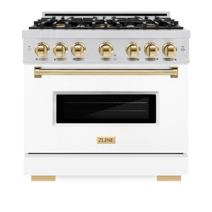 ZLINE Autograph Edition 36 in. 5.2 cu. ft. Classic Dual Fuel Range with 6 Burner Gas Cooktop and Electric Convection Oven in Stainless Steel with White Matte Door and Polished Gold Accents (CDRZ-WM-36-G) front, closed.