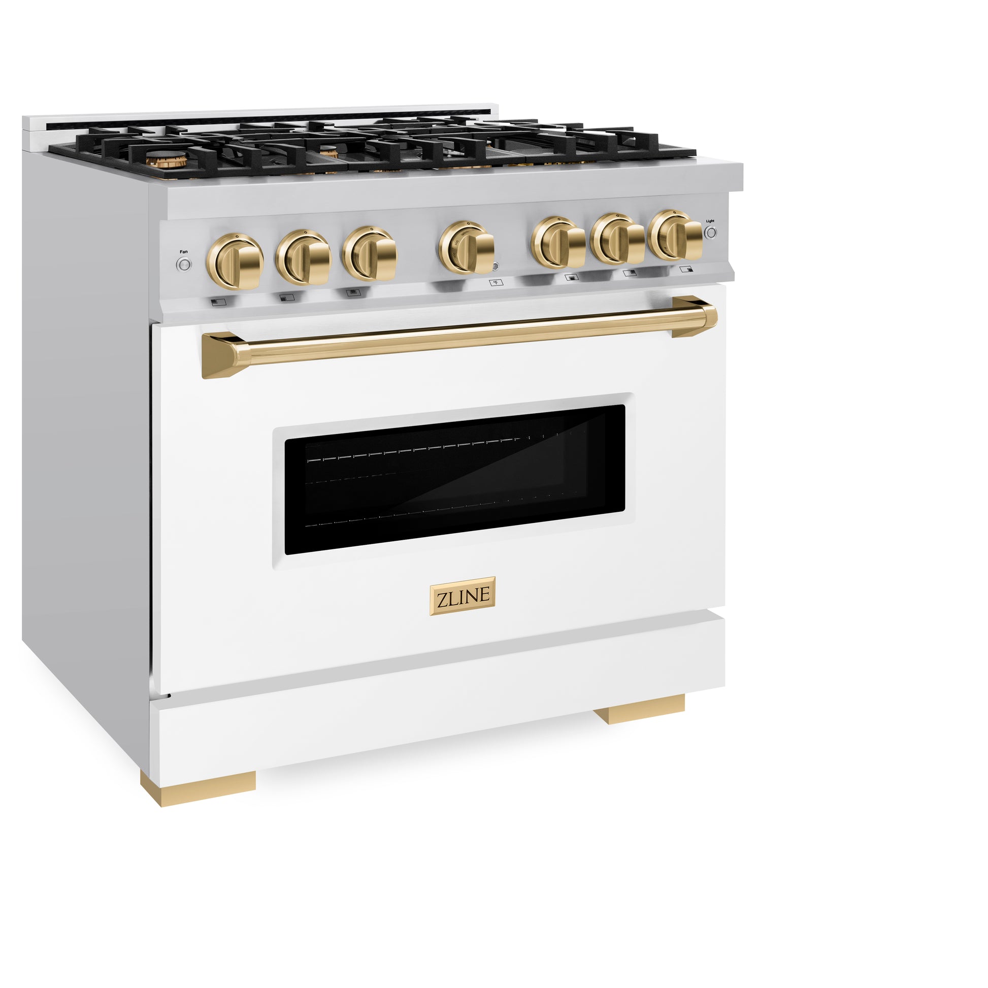 ZLINE Autograph Edition 36 in. 5.2 cu. ft. Classic Dual Fuel Range with 6 Burner Gas Cooktop and Electric Convection Oven in Stainless Steel with White Matte Door and Polished Gold Accents (CDRZ-WM-36-G) side, closed.