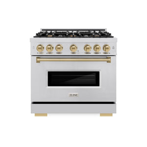 ZLINE Autograph Edition 36 in. 5.2 cu. ft. Classic Gas Range with 6 Burner Cooktop and Convection Gas Oven in Stainless Steel and Champagne Bronze Accents (CGRZ-36-CB) front, oven closed.