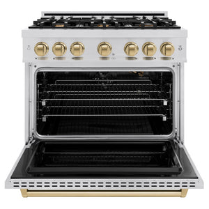 ZLINE Autograph Edition 36 in. 5.2 cu. ft. Classic Gas Range with 6 Burner Cooktop and Convection Gas Oven in Stainless Steel and Champagne Bronze Accents (CGRZ-36-CB) front, oven open.