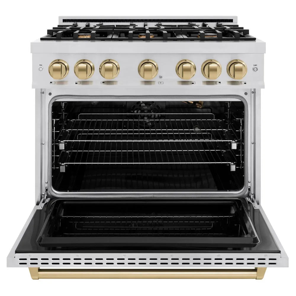 ZLINE Autograph Edition 36 in. 5.2 cu. ft. Classic Gas Range with 6 Burner Cooktop and Convection Gas Oven in Stainless Steel and Champagne Bronze Accents (CGRZ-36-CB) front, oven open.
