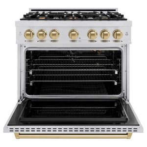 ZLINE Autograph Edition 36 in. 5.2 cu. ft. Classic Gas Range with 6 Burner Cooktop and Convection Gas Oven in Stainless Steel and Champagne Bronze Accents (CGRZ-36-CB) front, oven open.