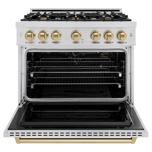 ZLINE Autograph Edition 36 in. 5.2 cu. ft. Classic Gas Range with 6 Burner Cooktop and Convection Gas Oven in Stainless Steel and Champagne Bronze Accents (CGRZ-36-CB) front, open.