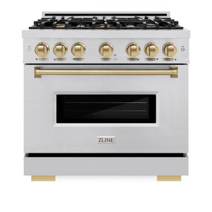ZLINE Autograph Edition 36 in. 5.2 cu. ft. Classic Gas Range with 6 Burner Cooktop and Convection Gas Oven in Stainless Steel and Champagne Bronze Accents (CGRZ-36-CB) front, oven closed.