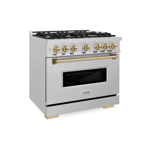 ZLINE Autograph Edition 36 in. 5.2 cu. ft. Classic Gas Range with 6 Burner Cooktop and Convection Gas Oven in Stainless Steel and Champagne Bronze Accents (CGRZ-36-CB) main image.