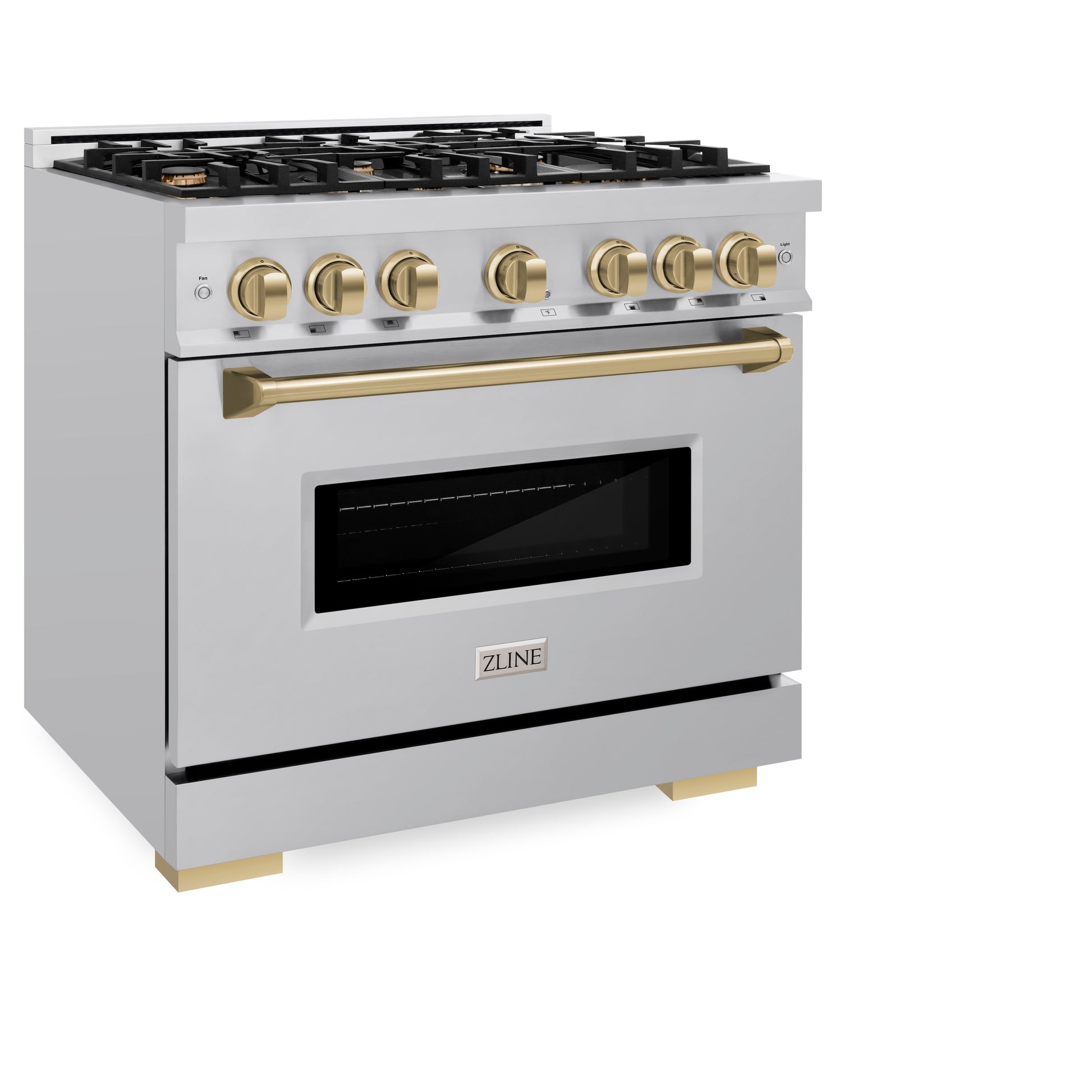 ZLINE Autograph Edition 36 in. 5.2 cu. ft. Classic Gas Range with 6 Burner Cooktop and Convection Gas Oven in Stainless Steel and Champagne Bronze Accents (CGRZ-36-CB) side, closed.