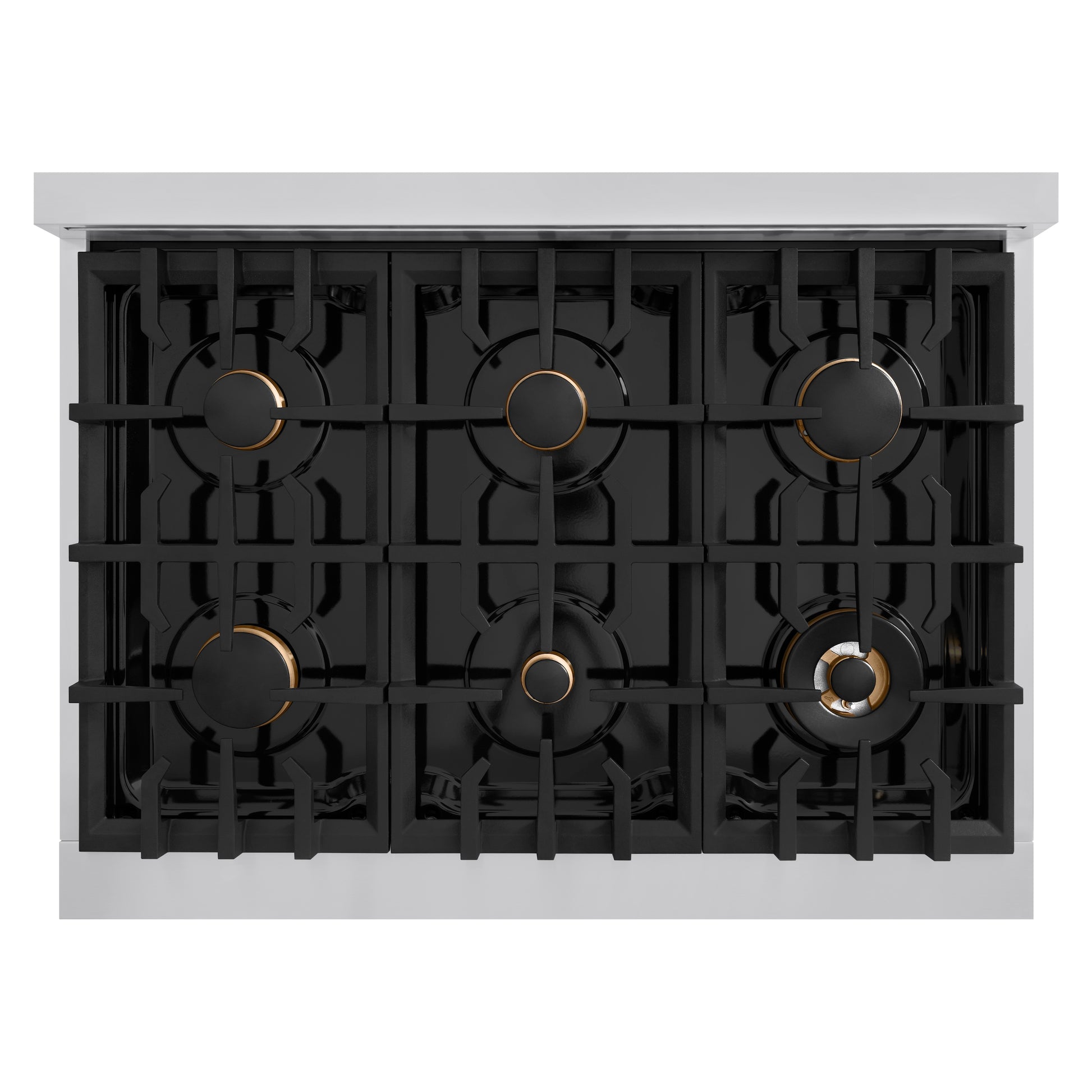 ZLINE Autograph Edition 36 in. 5.2 cu. ft. Classic Gas Range with 6 Burner Cooktop and Convection Gas Oven in Stainless Steel and Champagne Bronze Accents (CGRZ-36-CB) top-down, above cooktop.