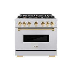 ZLINE Autograph Edition 36 in. 5.2 cu. ft. Classic Gas Range with 6 Burner Cooktop and Convection Gas Oven in Stainless Steel and Polished Gold Accents (CGRZ-36-G) front.