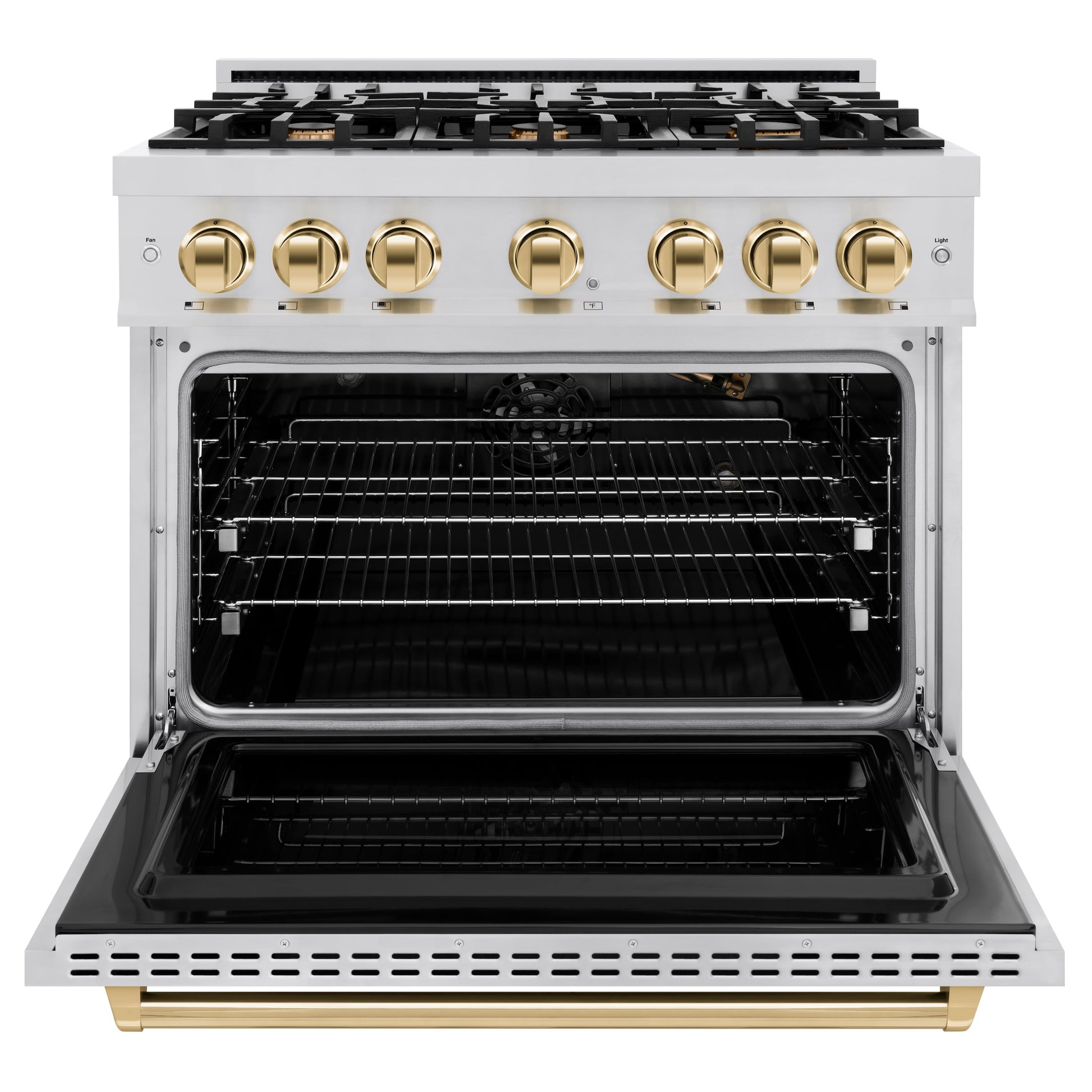 ZLINE Autograph Edition 36 in. 5.2 cu. ft. Classic Gas Range with 6 Burner Cooktop and Convection Gas Oven in Stainless Steel and Polished Gold Accents (CGRZ-36-G) front, open.