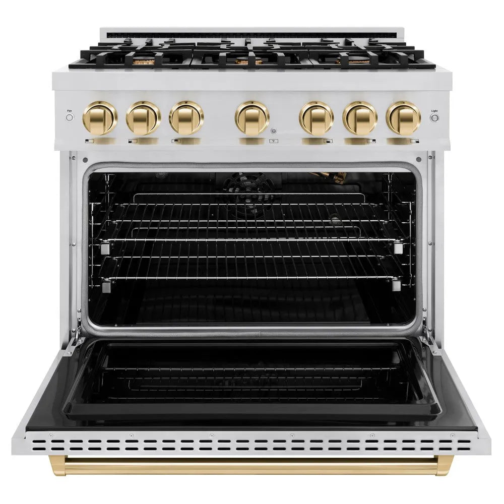 ZLINE Autograph Edition 36 in. 5.2 cu. ft. Classic Gas Range with 6 Burner Cooktop and Convection Gas Oven in Stainless Steel and Polished Gold Accents (CGRZ-36-G) front, oven open.