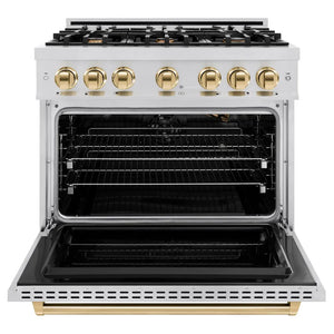 ZLINE Autograph Edition 36 in. 5.2 cu. ft. Classic Gas Range with 6 Burner Cooktop and Convection Gas Oven in Stainless Steel and Polished Gold Accents (CGRZ-36-G) front, oven open.