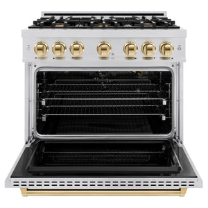 ZLINE Autograph Edition 36 in. 5.2 cu. ft. Classic Gas Range with 6 Burner Cooktop and Convection Gas Oven in Stainless Steel and Polished Gold Accents (CGRZ-36-G) front, open.