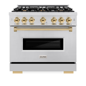 ZLINE Autograph Edition 36 in. 5.2 cu. ft. Classic Gas Range with 6 Burner Cooktop and Convection Gas Oven in Stainless Steel and Polished Gold Accents (CGRZ-36-G) front, closed.