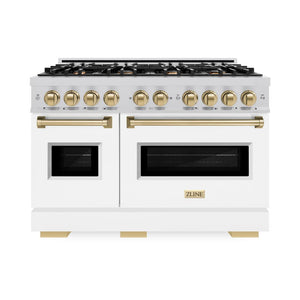 ZLINE Autograph Edition 48 in. 6.7 cu. ft. Classic Double Oven Dual Fuel Range with 8 Burner Gas Cooktop in Stainless Steel with White Matte Doors and Champagne Bronze Accents (CDRZ-WM-48-CB) front, oven closed.