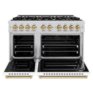 ZLINE Autograph Edition 48 in. 6.7 cu. ft. Classic Double Oven Dual Fuel Range with 8 Burner Gas Cooktop in Stainless Steel with White Matte Doors and Champagne Bronze Accents (CDRZ-WM-48-CB) front, oven open.