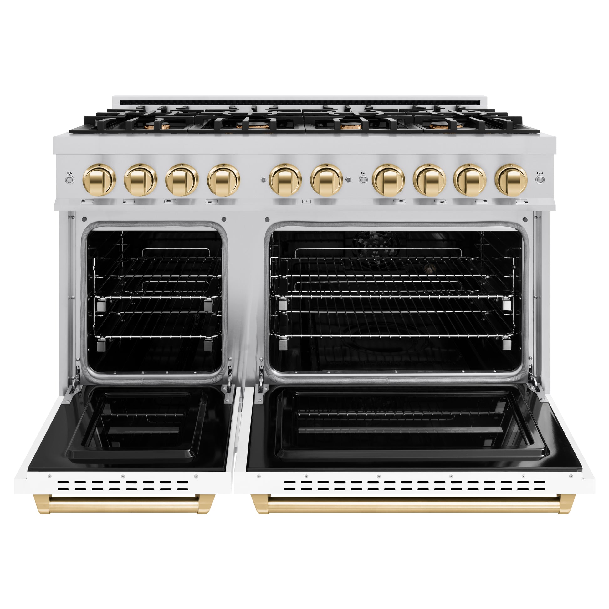 ZLINE Autograph Edition 48 in. 6.7 cu. ft. Classic Double Oven Dual Fuel Range with 8 Burner Gas Cooktop in Stainless Steel with White Matte Doors and Polished Gold Accents (CDRZ-WM-48-G) front, open.