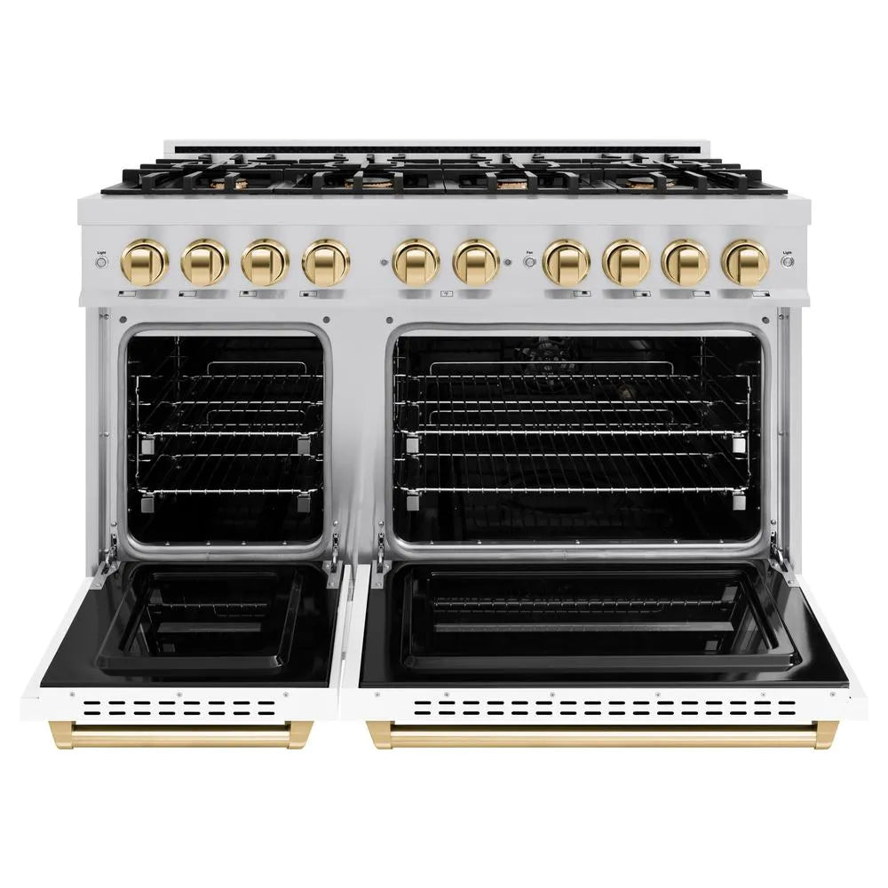 ZLINE Autograph Edition 48 in. 6.7 cu. ft. Classic Double Oven Dual Fuel Range with 8 Burner Gas Cooktop in Stainless Steel with White Matte Doors and Polished Gold Accents (CDRZ-WM-48-G) front, oven open.