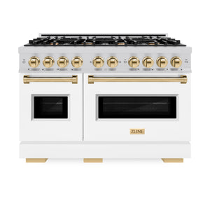 ZLINE Autograph Edition 48 in. 6.7 cu. ft. Classic Double Oven Dual Fuel Range with 8 Burner Gas Cooktop in Stainless Steel with White Matte Doors and Polished Gold Accents (CDRZ-WM-48-G) front, closed.