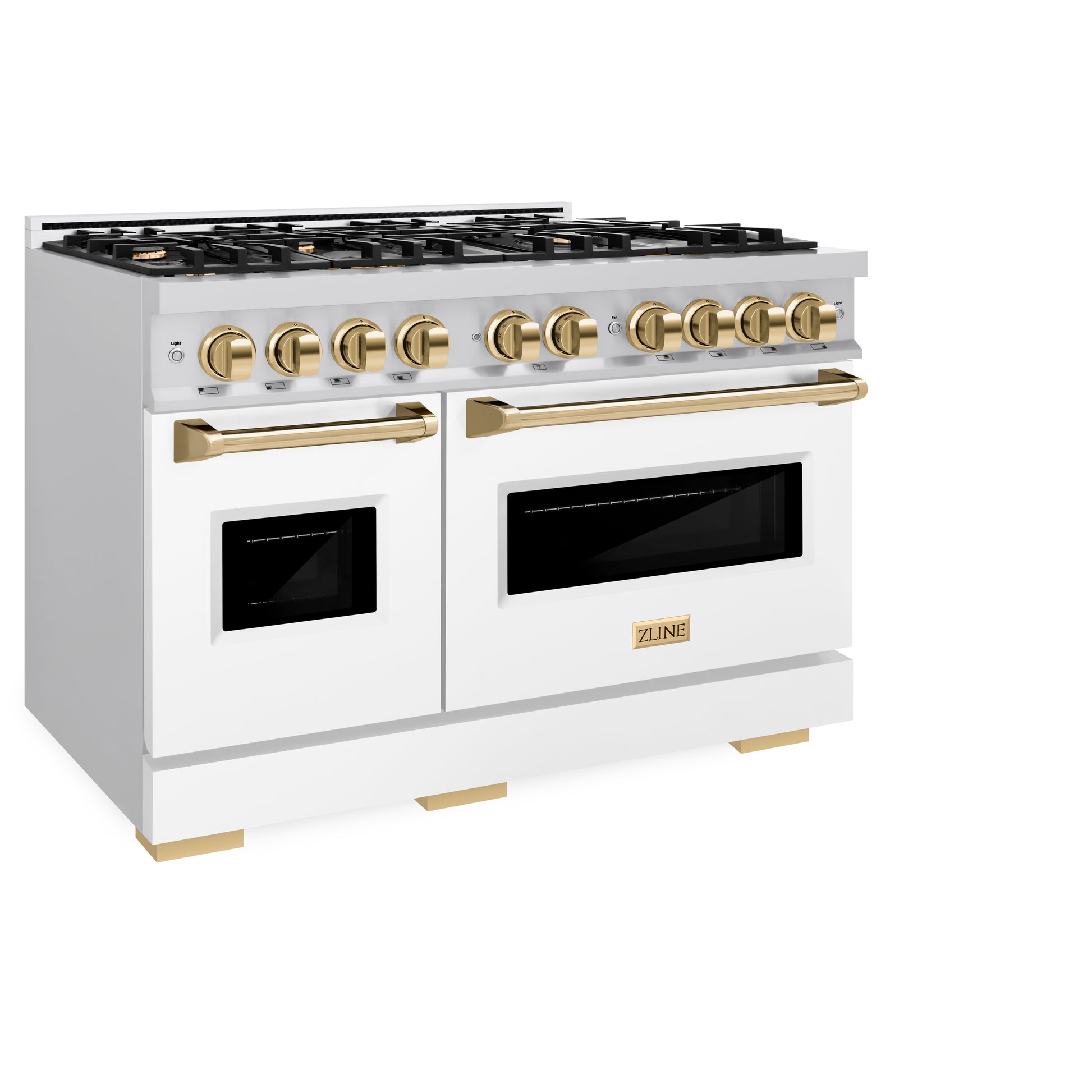 ZLINE Autograph Edition 48 in. 6.7 cu. ft. Classic Double Oven Dual Fuel Range with 8 Burner Gas Cooktop in Stainless Steel with White Matte Doors and Polished Gold Accents (CDRZ-WM-48-G) side, closed.