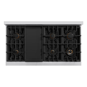 ZLINE Autograph Edition 48 in. 6.7 cu. ft. Classic Double Oven Dual Fuel Range with 8 Burner Gas Cooktop in Stainless Steel with White Matte Doors and Polished Gold Accents (CDRZ-WM-48-G) top-down, above cooktop.