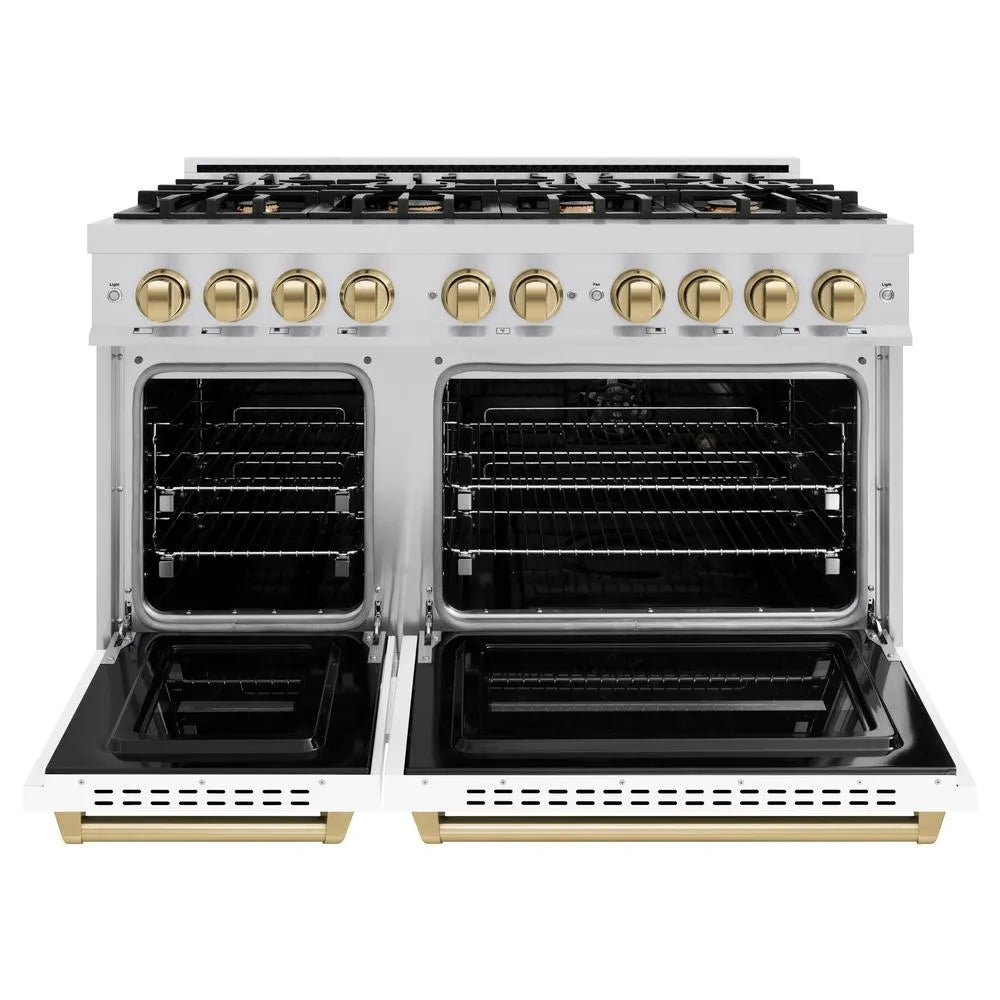 ZLINE Autograph Edition 48 in. 6.7 cu. ft. Classic Double Oven Gas Range with 8 Burner Cooktop in Stainless Steel with White Matte Doors and Champagne Bronze Accents (CGRZ-WM-48-CB) front, oven open.