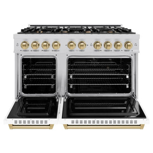 ZLINE Autograph Edition 48 in. 6.7 cu. ft. Classic Double Oven Gas Range with 8 Burner Cooktop in Stainless Steel with White Matte Doors and Champagne Bronze Accents (CGRZ-WM-48-CB) front, oven open.