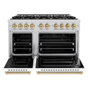 ZLINE Autograph Edition 48 in. 6.7 cu. ft. Classic Double Oven Gas Range with 8 Burner Cooktop in Stainless Steel with White Matte Doors and Champagne Bronze Accents (CGRZ-WM-48-CB) front, open.