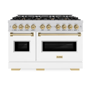 ZLINE Autograph Edition 48 in. 6.7 cu. ft. Classic Double Oven Gas Range with 8 Burner Cooktop in Stainless Steel with White Matte Doors and Champagne Bronze Accents (CGRZ-WM-48-CB) front, closed.