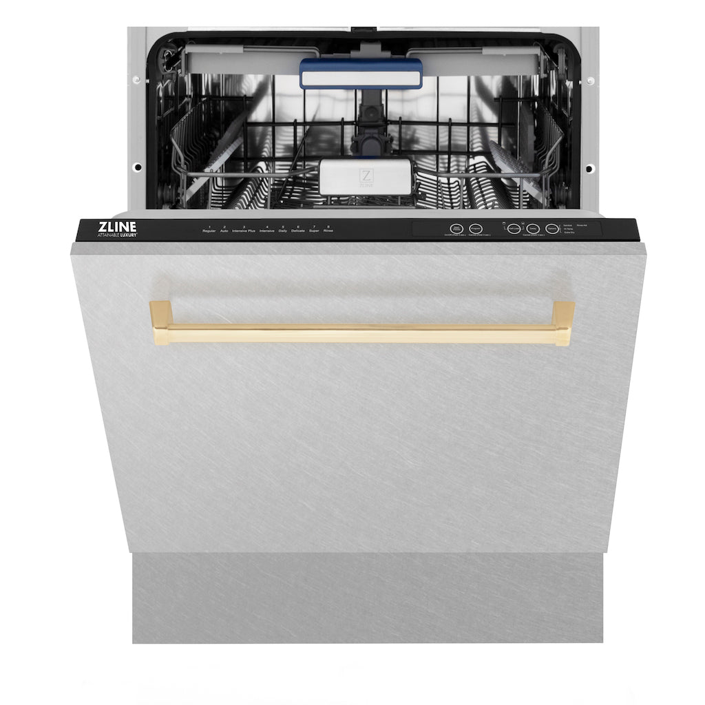 ZLINE Autograph Edition 24 in. 3rd Rack Top Control Tall Tub Dishwasher in Fingerprint Resistant Stainless Steel with Polished Gold Accent Handle, 51dBa (DWVZ-SN-24-G) front, half open.