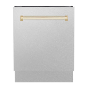 ZLINE Autograph Edition 24 in. 3rd Rack Top Control Tall Tub Dishwasher in Fingerprint Resistant Stainless Steel with Polished Gold Accent Handle, 51dBa (DWVZ-SN-24-G) front.