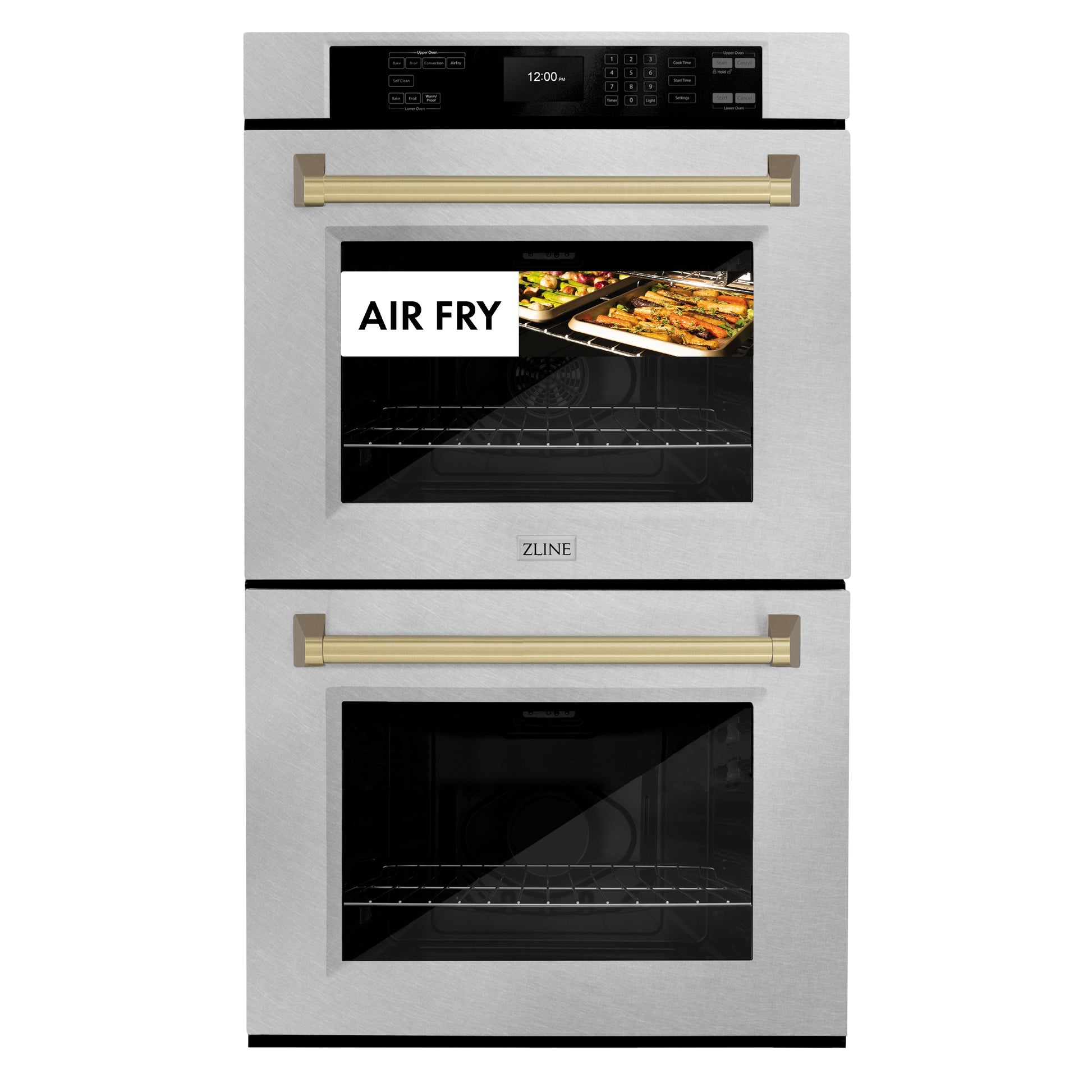 ZLINE Autograph Edition 30 in. Professional True Convection Double Wall Oven with Air Fry and Self Clean in DuraSnow® Stainless Steel with Champagne Bronze Handles (WADSZ-30-CB) front, closed, with food cooking by air fry.