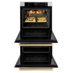 ZLINE Autograph Edition 30 in. Professional True Convection Double Wall Oven with Air Fry and Self Clean in DuraSnow® Stainless Steel with Champagne Bronze Handles (WADSZ-30-CB) front, open.