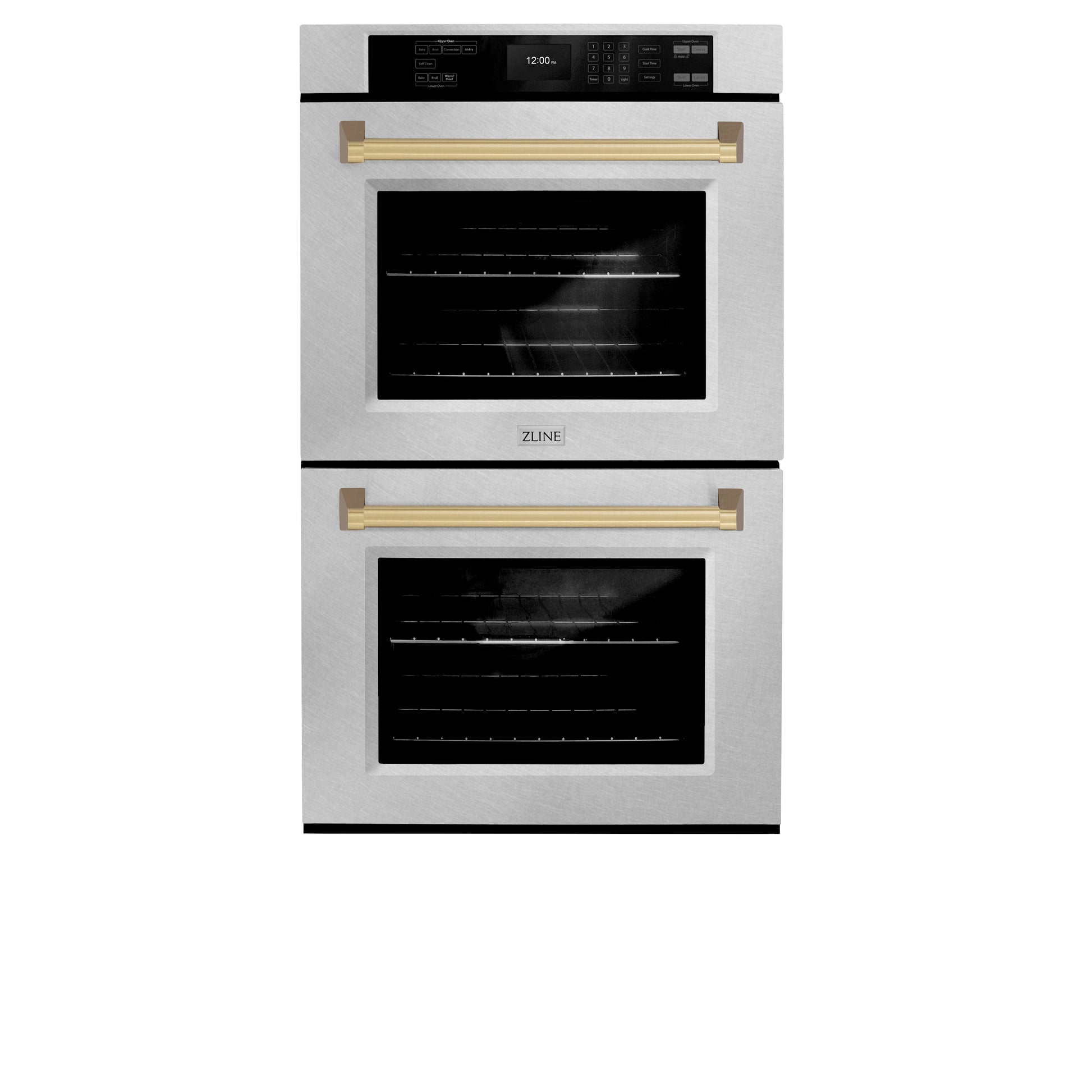 ZLINE Autograph Edition 30 in. Professional True Convection Double Wall Oven with Air Fry and Self Clean in DuraSnow® Stainless Steel with Champagne Bronze Handles (WADSZ-30-CB) front, closed.