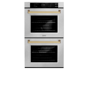 ZLINE Autograph Edition 30 in. Professional True Convection Double Wall Oven with Air Fry and Self Clean in DuraSnow® Stainless Steel with Champagne Bronze Handles (WADSZ-30-CB) front, closed.