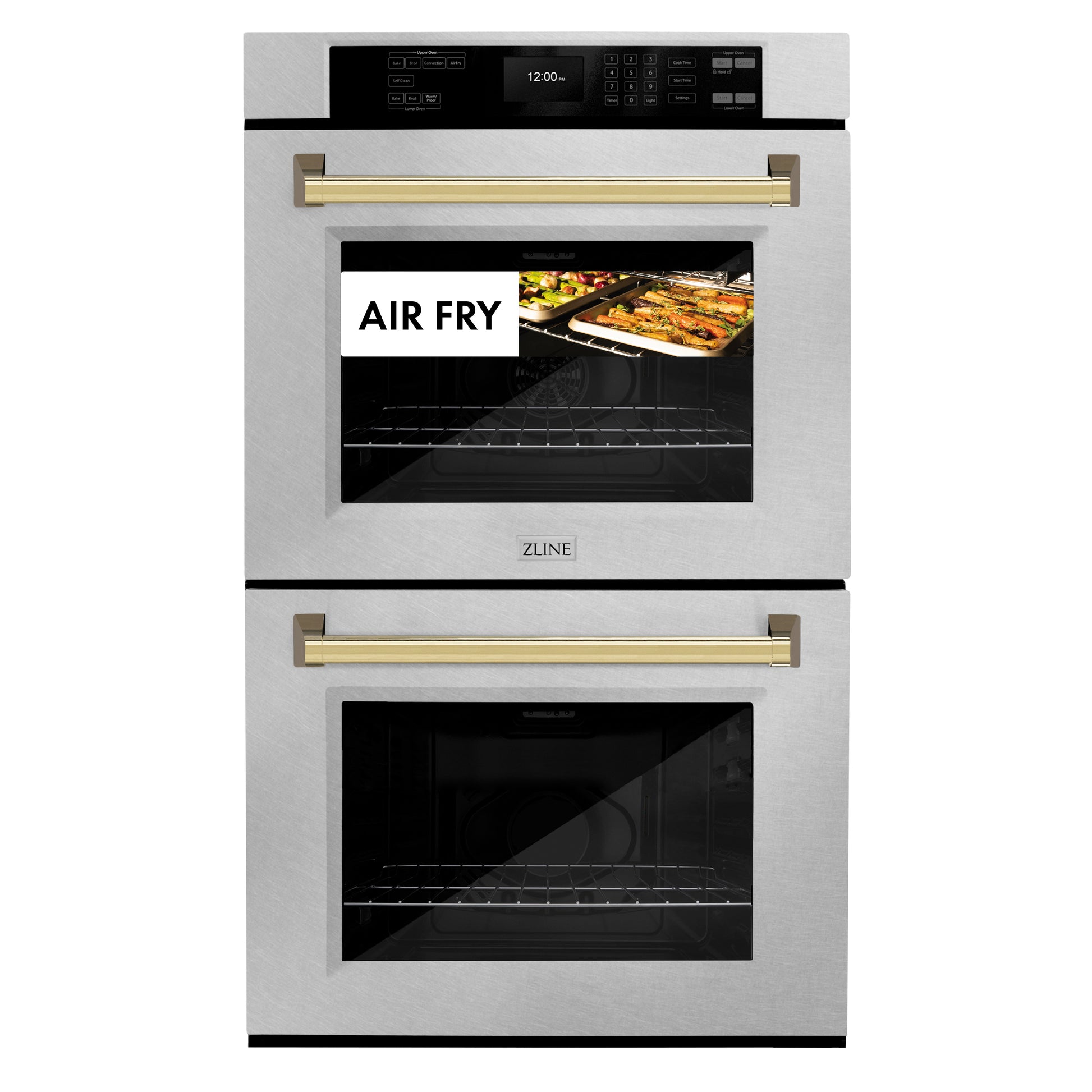 ZLINE Autograph Edition 30 in. Professional True Convection Double Wall Oven with Air Fry and Self Clean in DuraSnow® Stainless Steel with Polished Gold Handles (WADSZ-30-G) front, closed, with food cooking by air fry.