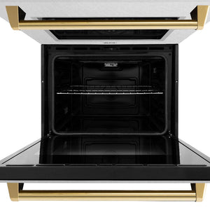 ZLINE Autograph Edition 30 in. Professional True Convection Double Wall Oven with Air Fry and Self Clean in DuraSnow® Stainless Steel with Polished Gold Handles (WADSZ-30-G) front, close-up bottom oven open.