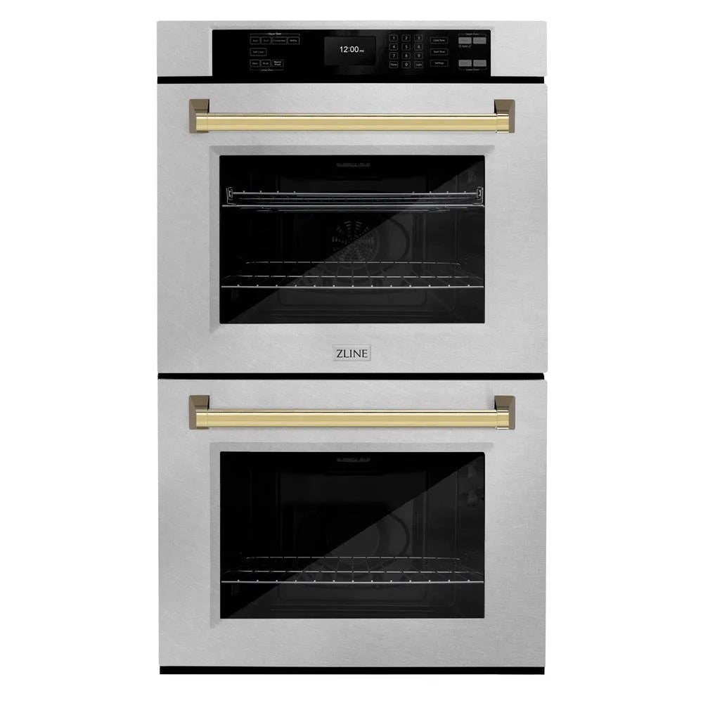 ZLINE Autograph Edition 30 in. Professional True Convection Double Wall Oven with Air Fry and Self Clean in Stainless Steel with Polished Gold Handles (WADZ-30-G) main image.