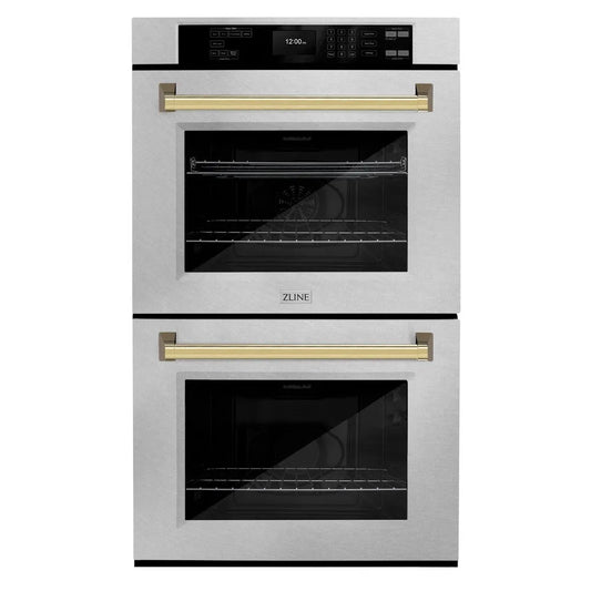 ZLINE Autograph Edition 30 in. Professional True Convection Double Wall Oven with Air Fry and Self Clean in Stainless Steel with Polished Gold Handles (WADZ-30-G) main image.