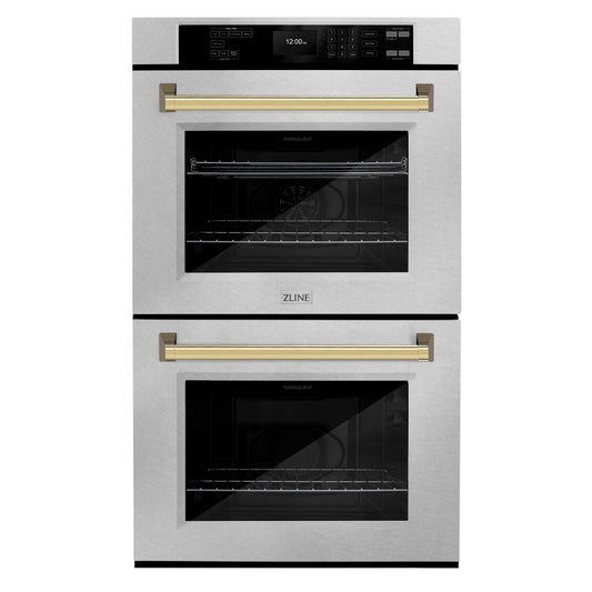 ZLINE Autograph Edition 30 in. Professional True Convection Double Wall Oven with Air Fry and Self Clean in Stainless Steel with Polished Gold Handles (WADZ-30-G)