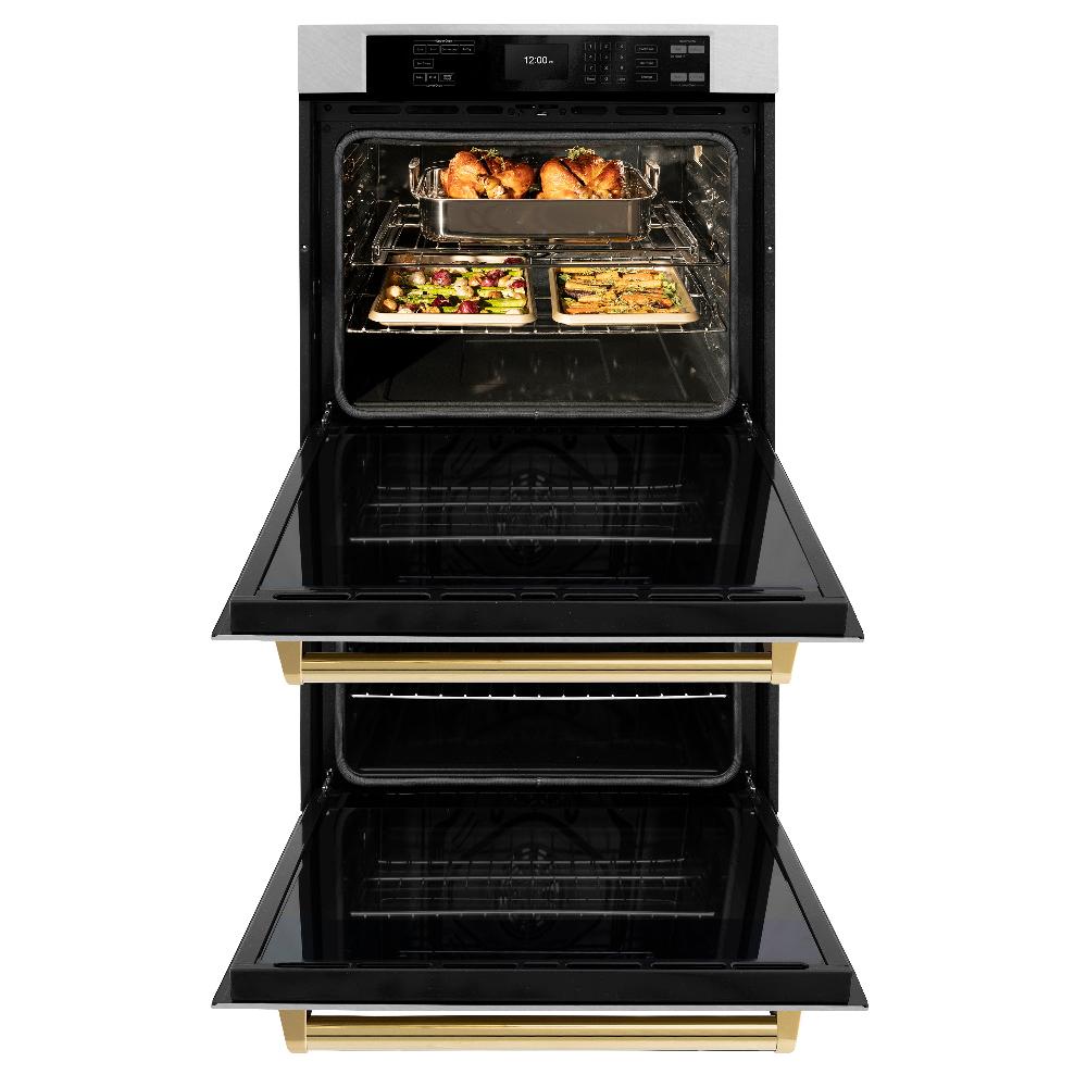 ZLINE Autograph Edition 30 in. Professional True Convection Double Wall Oven with Air Fry and Self Clean in DuraSnow® Stainless Steel with Polished Gold Handles (WADSZ-30-G) front, open.