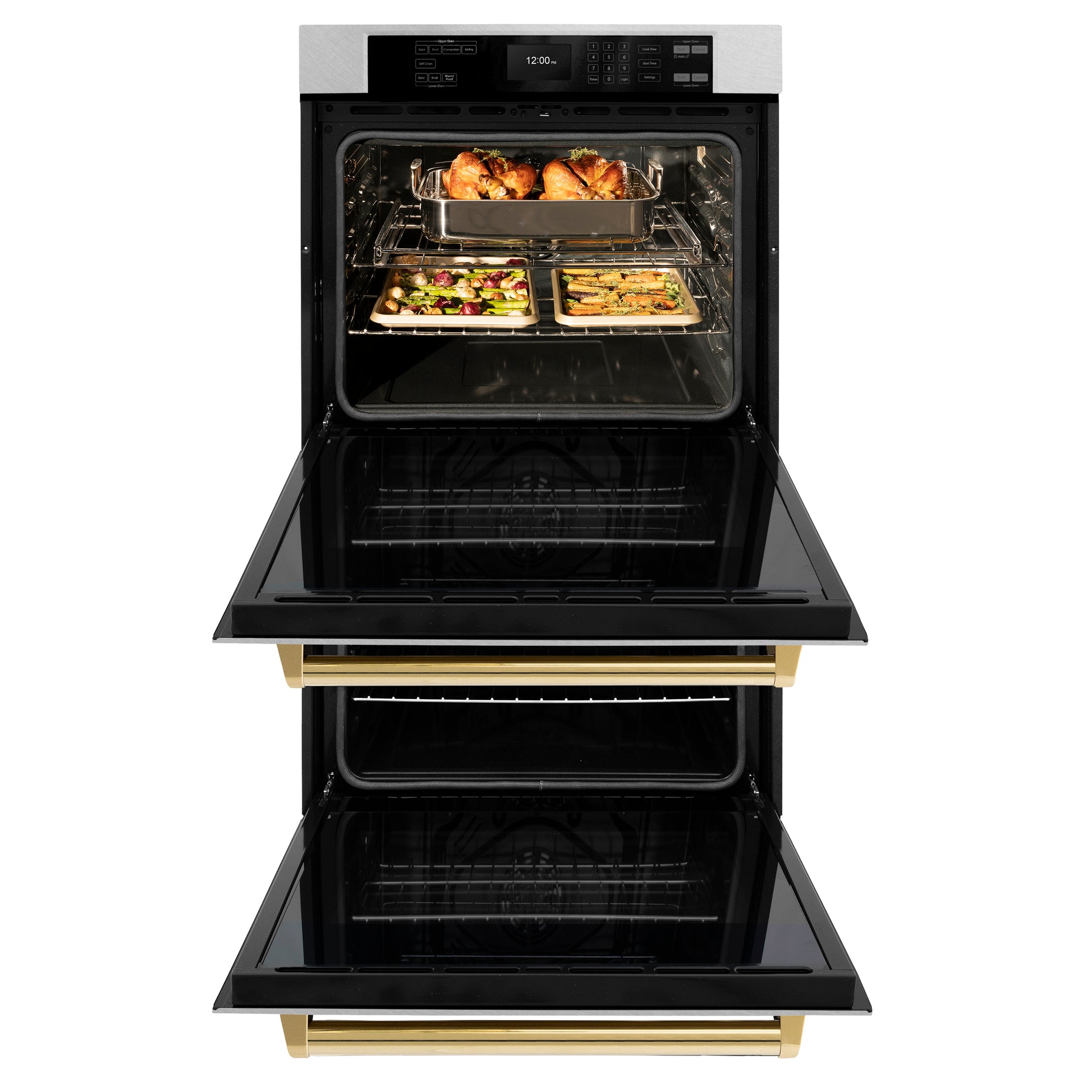 ZLINE Autograph Edition 30 in. Professional True Convection Double Wall Oven with Air Fry and Self Clean in Stainless Steel with Polished Gold Handles (WADZ-30-G) front, open.