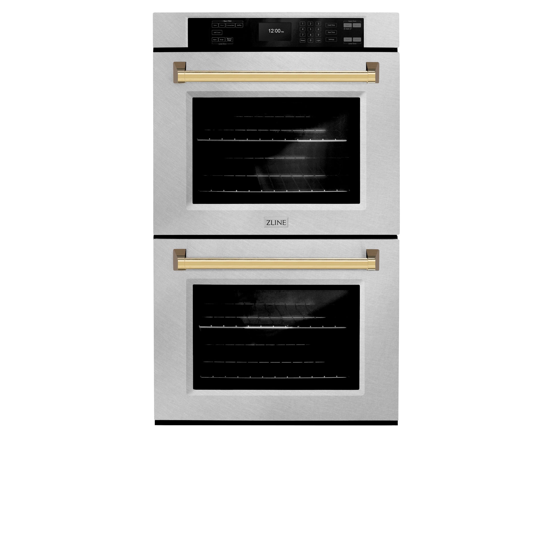 ZLINE Autograph Edition 30 in. Professional True Convection Double Wall Oven with Air Fry and Self Clean in DuraSnow® Stainless Steel with Polished Gold Handles (WADSZ-30-G) front, closed.