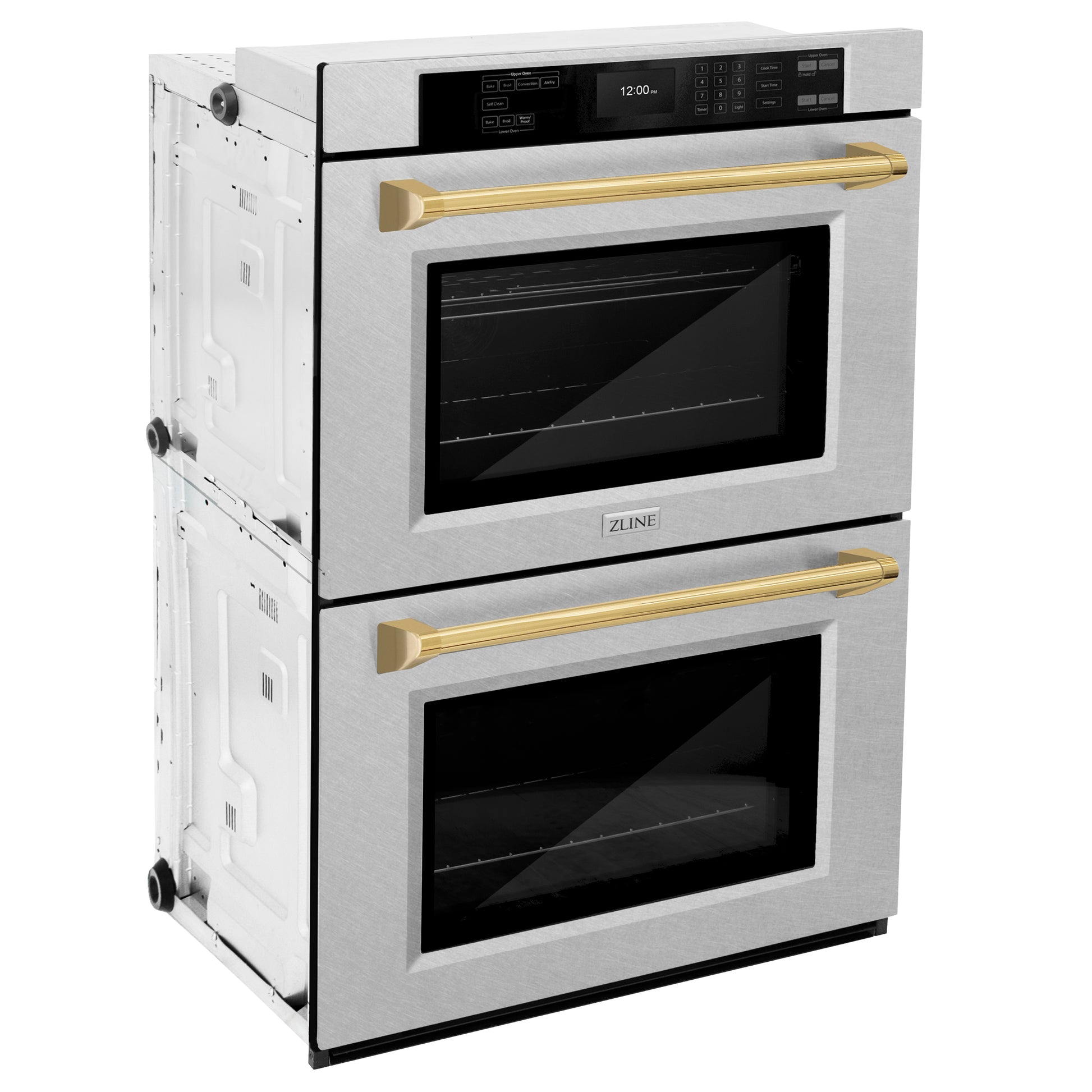 ZLINE Autograph Edition 30 in. Professional True Convection Double Wall Oven with Air Fry and Self Clean in DuraSnow® Stainless Steel with Polished Gold Handles (WADSZ-30-G) side, closed.