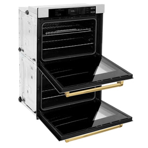 ZLINE Autograph Edition 30 in. Professional True Convection Double Wall Oven with Air Fry and Self Clean in DuraSnow® Stainless Steel with Polished Gold Handles (WADSZ-30-G) side, open.