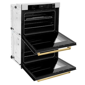ZLINE Autograph Edition 30 in. Professional True Convection Double Wall Oven with Air Fry and Self Clean in Stainless Steel with Polished Gold Handles (WADZ-30-G) side, open.
